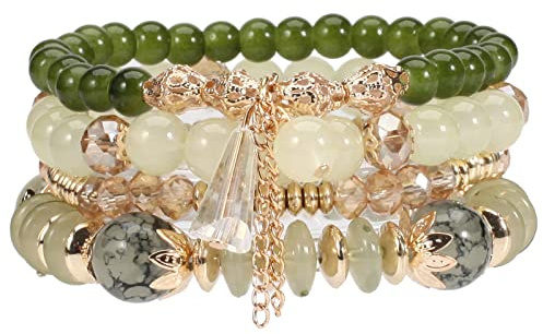 Bohemian Stackable Bracelets for Women Gold Beaded Stretch Charm Bracelets Set Crystal Elastic Multilayer Colorful Charm Bangles Bracelets Summer Beach Multicolor Statement Jewelry- Green