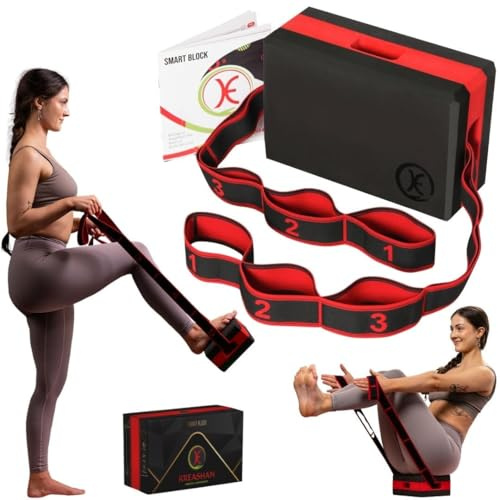 Yoga Block and Strap Set - Non Slip EVA Foam Brick with Detachable 11 Loop Resistance Strap, Use Together or Separately for Pilates, Physio, Stretching and Mobility Training