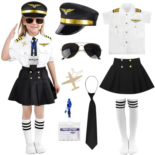VICTERR Costume de pilote pour enfant - Costume de capitaine d'aviateur - Costume d'Halloween pour enfant - Avec costume de pilote, bonnet d'aviateur, lunettes, certificat de pilote - Pour carnaval