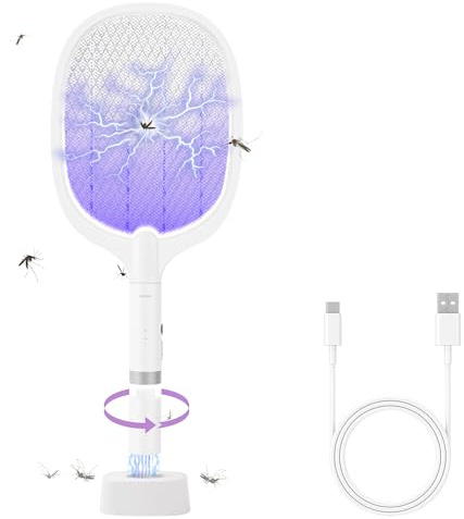 Electric Fly Swatter Racket, 4000V Bug Zapper Racket Rechargeable Fly Zapper Dual Modes Mosquito Swatter Portable with Purple Light & 3-Layer Safety Nets for Indoor & Outdoor, 1 Pack