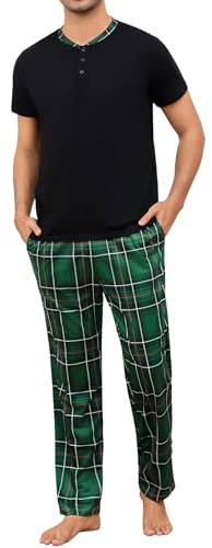 Aseniza Pyjama Homme Coton Ensembles de Pyjama Homme Doux Haut à Manches Courtes Col Rond et Pantalon à Carreaux Long Deux pièces Vêtements de Nuit Confortable Loungewear S-3XL