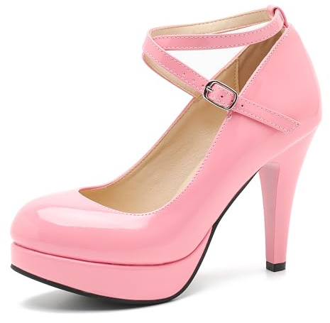 fereshte Women's Platform Pumps, Ankle Strap, High Heel, Closed Toe, Party Wedding Dress Shoes Patent Pink 45 - US 12