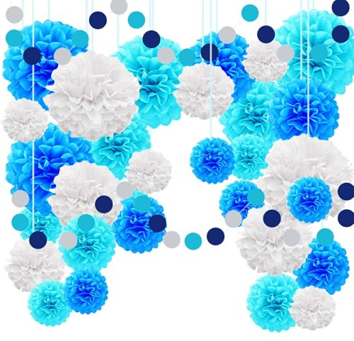 TREABEAR 30PCS Fiori di Carta per Decorazioni, Decorazioni Compleanno Blu, Addobbi Carnevale Pompom, Decorazione con Nastro Rotondo, Decorazioni Battesimo Fiori di Carta Crespa