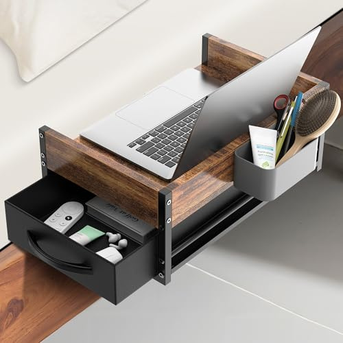 BietrunPro 2 Tier Bedside Shelf for Dorm Bunk Bed, Clip On Nightstand with Fabric Drawer & Storage Box, Bed Side Table Tray Organizer, Bedside Tray with Cable Management for Dormitory, Back to School