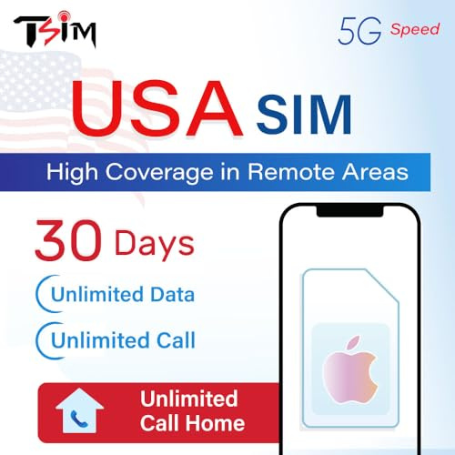 Scheda SIM USA per Turisti – Dati 5G Illimitati + Chiamate e SMS Illimitati | Copertura Elevata in Aree Remote | Piano di 30 Giorni | Numero USA & 10 GB Hotspot | Progettata per iPhone