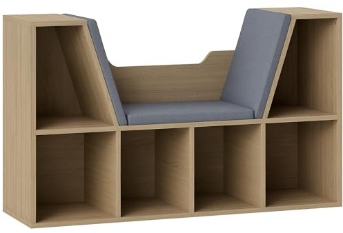 HOMCOM Librería con Asiento, Estantería de Libros con 6 Cubos, Estantería Almacenamiento con Banco con Cojín, Multiusos para Sala de Estar, Oficina, Dormitorio, 102x30x61cm, Roble y Gris