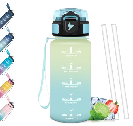 Mulbijeo Borraccia 500Ml, Senza BPA & A Prova di Perdita, Borracce con Cannuccia, Reutilizables, Borraccia Bambini, Apertura One-touch, Borracce Motivazionale per Scuola, Palestra, Ufficio, Lavorando