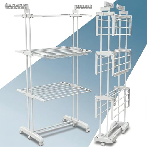 PORTENTUM Stendino verticale salvaspazio pieghevole con 4 livelli e 24 barre di stenditura – Fino a 40 kg – Stendibiancheria con 2 accessori per calzini e 2 ali laterali – Ruote girevoli con freno