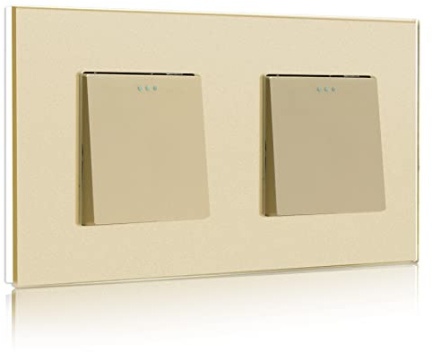 BSEED Light Switch 1 Gang 1 Way+1 Gang 1 Way Glass Light Switches Screwless 10A Rocker Tactile Wall Switch Gold Crystal Toggle Switch 146mm