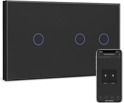 BSEED WIFI väggbrytare, 2 brytare, 1-vägs + 1 x brytare, 1-vägs, kompatibel med Alexa, Google Home, APP-styrning och timerfunktion, svart pekskärm, neutralledare krävs