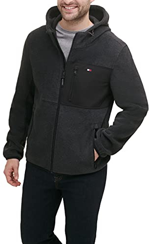 Tommy Hilfiger Men's Hooded Performance Fleece Jacket, Charcoal/Black Mixed Media, XL