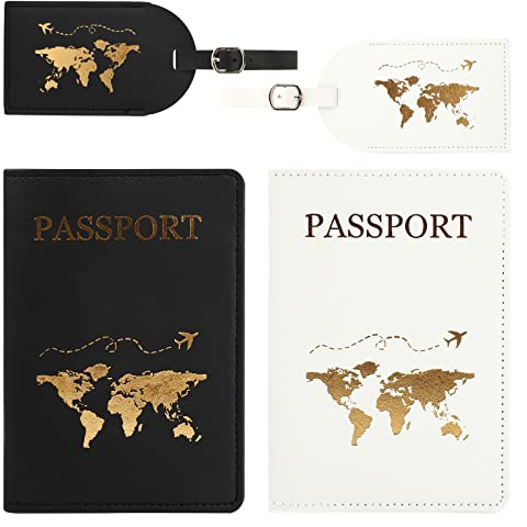 Runmeihe 2 Pcs Porte-Passeport Housse, 2 Pcs ses Couvertures avec 2 Pcs Étiquettes à Bagages, Pochette en Cuir Synthétique Protege Passeport pour embarquement et identit (blanc et noir)
