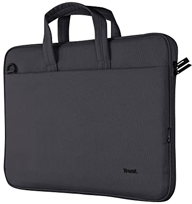 Trust Bologna Slim Laptop Eco Tasche bis 16 Zoll aus Recyceltem Kunststoff, mit Schultergurt, Nachhaltige Umhängetasche für Reisen, Business, Büro, Schule - Schwarz