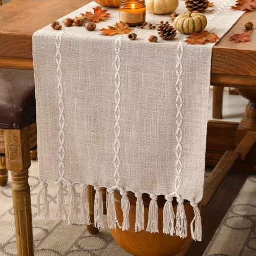 Wracra Cotton Linen Light Coffee Table Runner, Modern Rustic Table Runners | 33 × 275 cm, Boho Table Runner, Washable, Embroidered, Heat-resistant, Thick and Sturdy, Dining Room, Home Decor