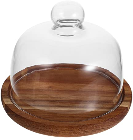 Operitacx Présentoir à gâteau avec couvercle en forme de dôme, plateau à gâteau rond en bois, couvercle à gâteau avec dôme cloche transparent, plat de présentation de gâteau avec couvercle en verre,