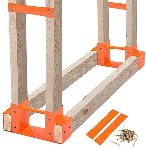 MOFEEZ Outdoor Firewood Log Storage Rack 2x4 Bracket Kit, Fireplace Wood Storage Holder, Adjustable to Any Length - Orange, Two Bases