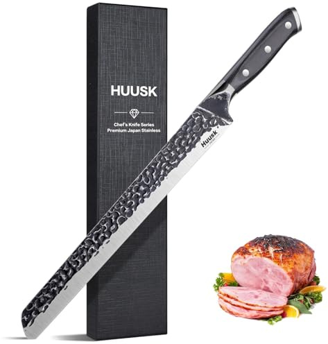 Huusk Japan 11.5 Inch Hand Forged Slicing Knife for Meats, Ribs, Roasts - Brisket Carving Knife for BBQ and Christmas Gifts