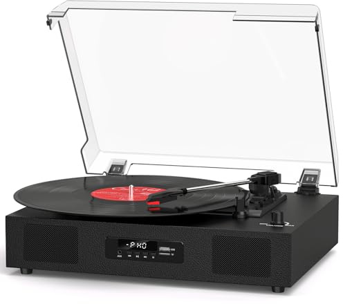 Vinylskivspelare skivspelare med inbyggda stereohögtalare, vintage 3-växlad skivspelare för vinylskivor USB SD-inspelning med Bluetooth-musikuppspelning, RCA-utgång och digital skärm, svart