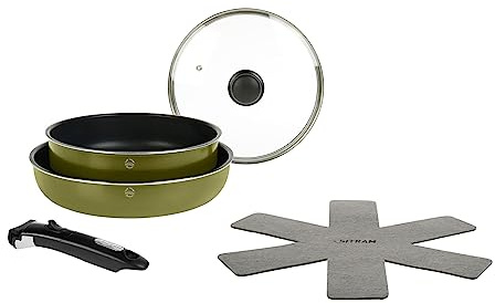 Sitram 715711 Batterie de Cuisine Aluminium Recyclé : 1 sauteuse Ø 24 cm + couvercle en verre + 1 poêle Ø 28 cm Vert Metallisé + manche amovible + 1 feutrine - Tous feux dont induction