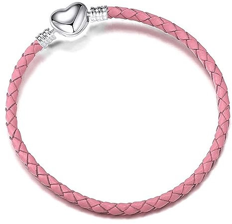 LSxAB Women Heart Clasp Pink Leather Moments Slider Charms Bracelets Compatible With Pandora Charms European Bead for Jewellery Making 17cm