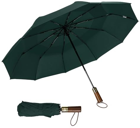 ECOHUB Regenschirm Automatik Groß Sturmfest, Taschenschirm mit Belüftetes Doppel-Schirmdach & Holzgriff, Schirm Recycelter PET, Regenschirm für Herren Damen(Armeegrün)