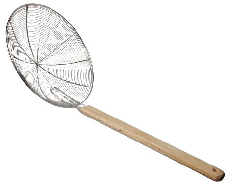 PEBBLE HUG Stainless Steel Wok Skimmer with Wooden Handle, for Kitchen Frying Food, Pasta, Spaghetti, and Noodles, Cooking Utensils Strainer, Wired Skimmer, Easy to Clean (26 cm)