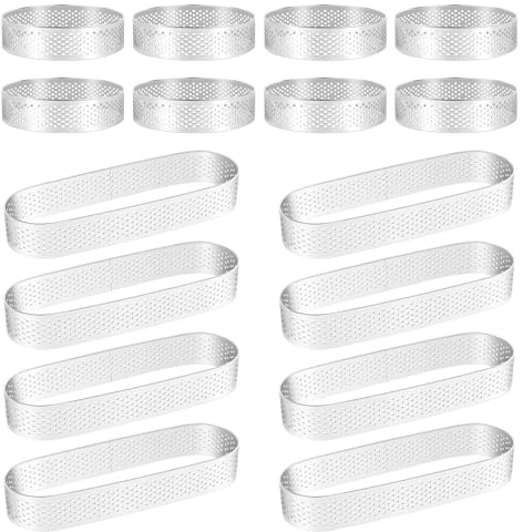 Ensemble de 21 moules à mousse perforés en acier inoxydable, 8 ronds (8 cm x 2 cm), 8 ovales (13 cm x 4 cm x 2 cm), pour pâtisserie