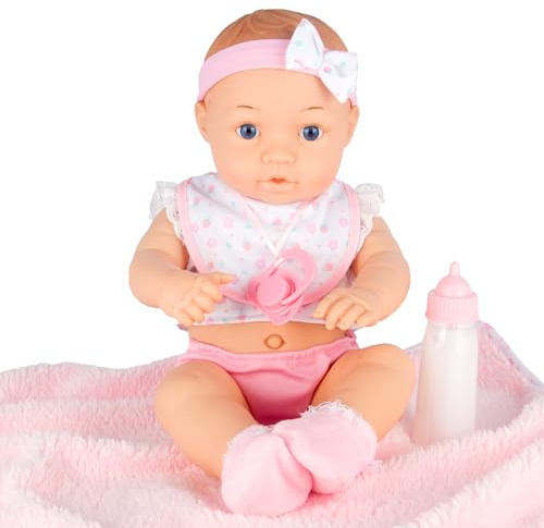 Dream Collection Baddocka för nyfödd baby – babydocka med docktillbehör – mjölkflaska, nallebjörn och napp – realistisk lek – justerbar mjuk kropp – docka från 2 år – 40 cm