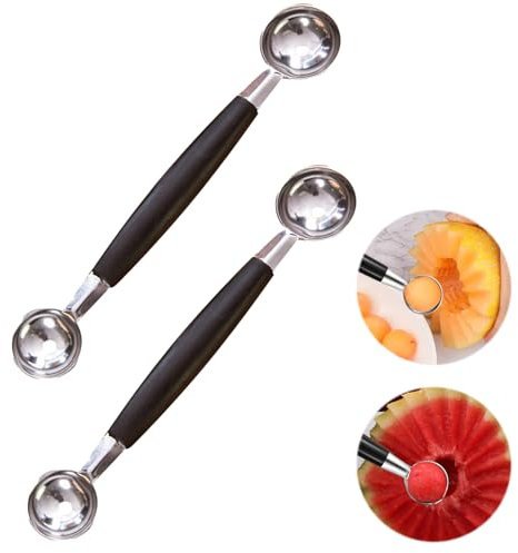2 PCS Double Sided Melon Baller, Round Melon Balls Fruit Baller Scoop Melon Baller Scoop Stainless Steel Melon Baller Melon Scoop Double Scoop Ice Cream Cone Double Dessert Scoop for Fruit Ice Cream