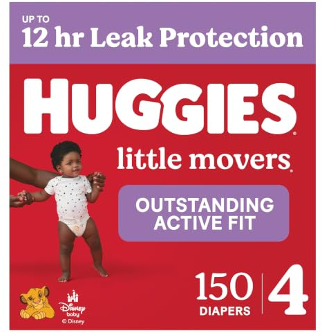 Huggies Size 4 Diapers, Little Movers Baby Diapers, Size 4 (22-37 lbs), 150 Count (6 Packs of 25), Packaging May Vary