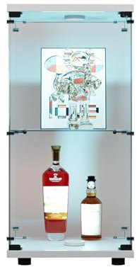 Glasvitrine stehend mit 2 Schichten, Standvitrine in Hartglas, Transparenter Vitrinenschrank Led Beleuchtung, Staubdichte Vitrine mit Schlos für Wohnzimmer, Schlafzimmer, Büro, 43.5x36.5x86cm
