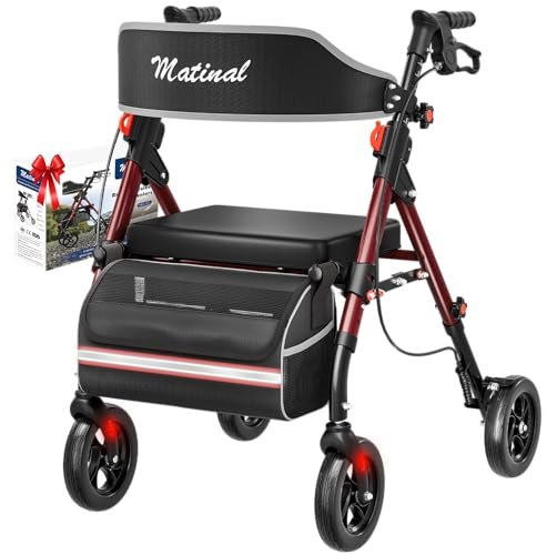 Matinal Walkers for Seniors, Rollator Walker with Seat, Walkers for Seniors with seat, 350 lb Capacity,with 8'' Big Wheels, Rolling Walker (Burgundy)