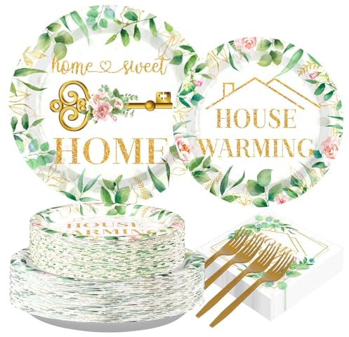 Grencian 200Pcs House Warming Party Decorations Housewarming Plates Disposable Home Sweet Home Plates Green Leaves Pink Floral Paper Tableware for New House Wedding Party Supplies, Serves 50