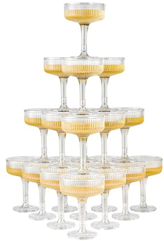 DORONAN 20 Pack Plastic Champagne Tower, 7oz Champagne Coupe Unbreakable Plastic Cocktail Glasses Acrylic Martini Glasses for Wedding Birthday Party Bar, Clear