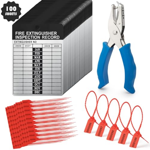 100 juegos de etiquetas de extintor de incendios 2026-2029, etiquetas de registro de inspección de metal de aluminio, 5.6 x 7.6 cm, con perforador de agujeros y bridas de seguridad numeradas para