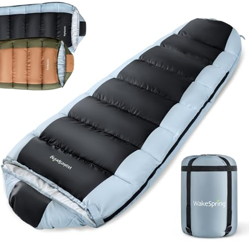 WakeSpring Sacco a Pelo Mummia per Campeggio e Clima Freddo, Imbottitura 450 GSM in Fibra Cava, Rivestimento Idrorepellente e Antivento, Sacco a Pelo 3 Stagioni con Cappuccio Regolabile per Trekking
