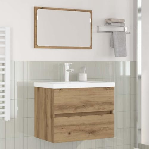 Holamys badrumsmöbelset 3 delar, svart ekutseende, träbaserade material, väggmontering, med lådor, platt spegel, hållbar, för modernt badrum, 60 x 38,5 x 45 cm