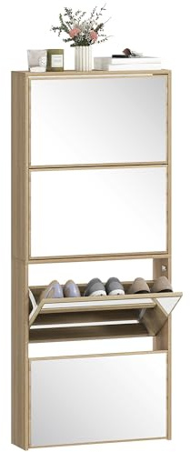 HOMCOM Zapatero Estrecho 4 Puertas con Espejo, Zapatero Entrada Recibidor, para 12 Pares de Zapatos, para Pasillo, Espacios Reducidos, 63x17x146 cm, Natural