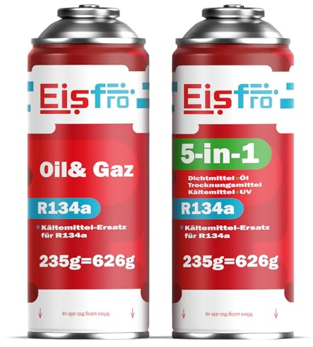 Eisfro 5-en-1 – Recharge Climatisation Auto R134a + R134a XL avec Huile, Stop-Fuite, Traceur UV et Déshydratant – Protège Le Compresseur (235 g)