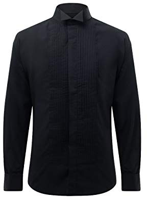 Dobell Mens Black Dress Shirt Regular Fit Wing Collar Pleated Fly Front Double Cuff-16
