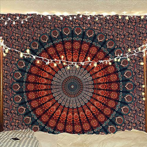Bless International Arazzo da appendere alla parete o per biancheria da letto, stile indiano, hippie, bohémien, psichedelico, pavone, mandala (blu dorato, king size, 225 x 265 cm)