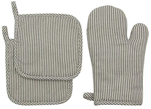 Cotton Oven Mitts and Pot Holders Set, Grey Stripes, Set of 3