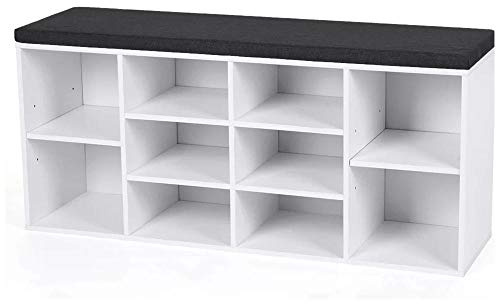 BAKAJI Banc étagère à Chaussures pour Maison Multifonction 10 étagères en Bois mélaminique, bibliothèque Banc avec Coussin en Cuir synthétique, Dimensions 104 x 29,5 x 49 cm (Blanc)