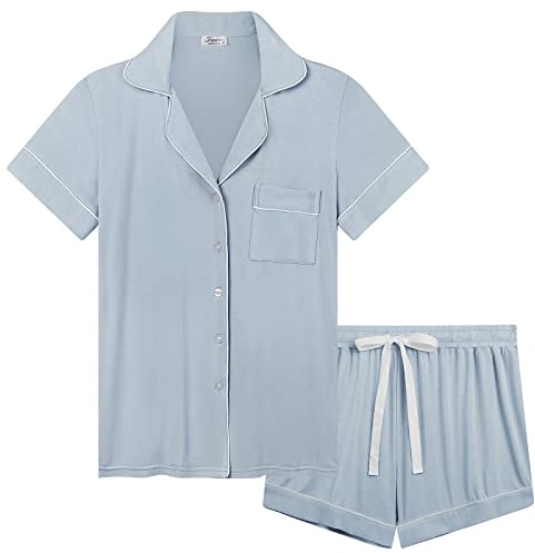 Cherrydew Women Comfy Jersey Knit Short Sleeve Button Up Pajama Shorts Set