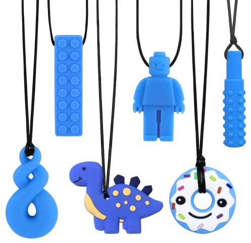 Sensory Chew Necklaces 6 Pack Made of Food Grade Silicone for Kids, Baby's Safe Teething Teethers Toy for Boys and Girls with Teething, Biting Needs, Oral Motor Chewy Teether, ADHD(Blue)