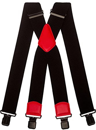 Olata Bretelle da Uomo a Forma di X, Extra Larghe in Nero con Pelle Colorata, 5 cm. Rosso (Clip Nere)