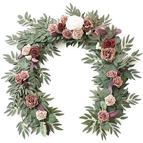 Floroom 1,8 m konstgjord eukalyptusgirlang med blommor falsk grönska falsk blommig klätterväxt girlang för bordsdekor bröllop bordsuppsatser möhippa festdekorationer, dammig ros och malvafärgad