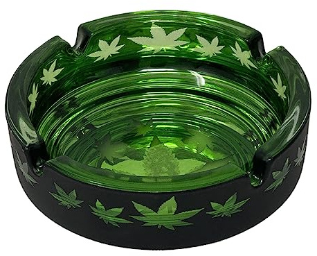 Creative Glass Ashtray, Featuring Trendy 80s Matte Black/Green Leaf Design, 4.25 x 1.25Inches