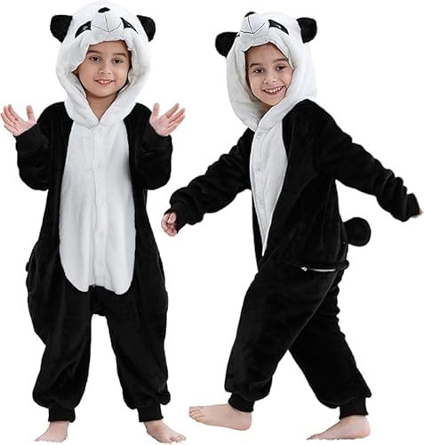 MICHLEY Animal Hooded Romper Kids Flannel Halloween Pajamas Onesie 3-12T for Autumn Winter, Panda, 5-6T, Size110