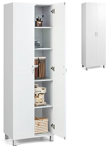 COSTWAY 187cm Tall Kitchen Cupboard, 2-Door Buffet Pantry Storage Cabinet with Adjustable Shelves, Elevated Feet & Anti-tipping Device, Freestanding Sideboard Organizer Unit for Dining Room (White)
